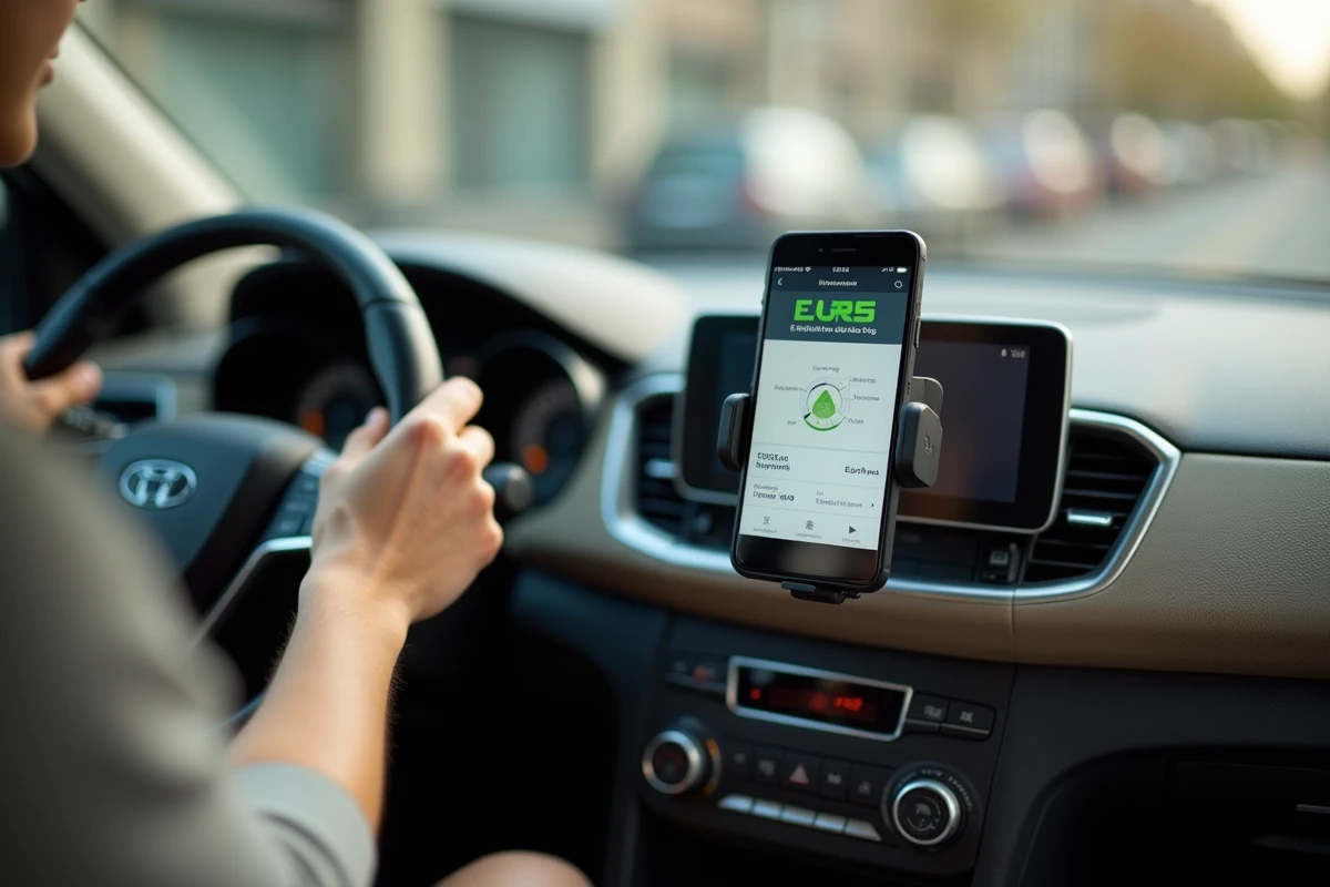 Conducteur consultant les normes Euro d'émission sur smartphone dans l'habitacle d'une voiture à Bruxelles