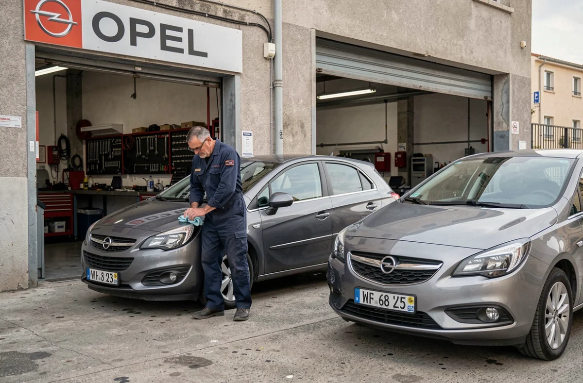Garage Opel Auto Service Réparation avec un mécanicien et des véhicules d'occasion en attente de service
