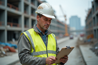 Ouvrier de construction vérifiant une liste de sécurité sur un chantier