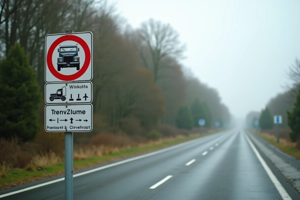 Panneau d'interdiction de circulation poids lourd sur une route nationale française avec dates de restriction week-end et jours fériés