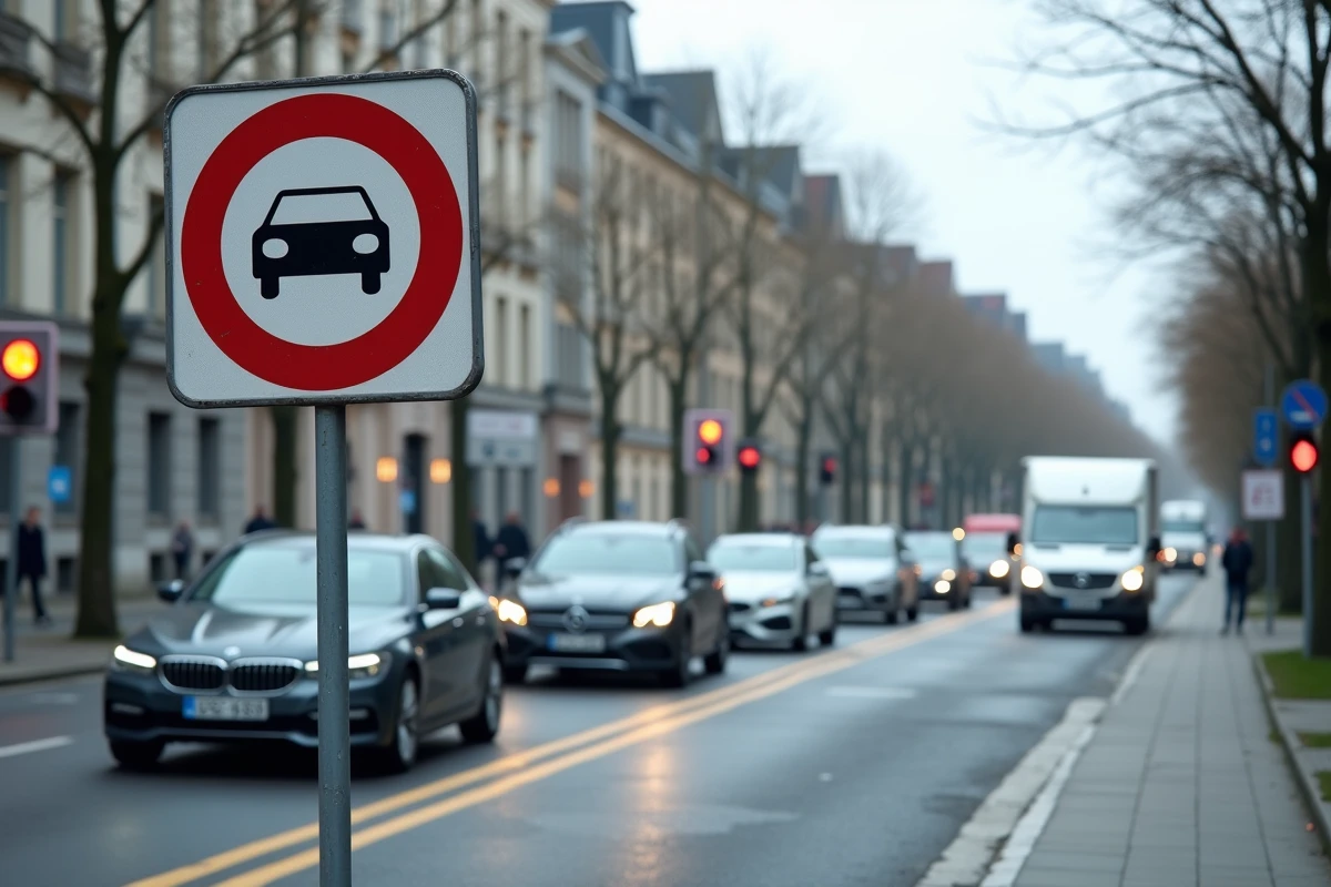 Panneau de zone de basses émissions LEZ à l'entrée d'une rue de Bruxelles avec circulation de véhicules