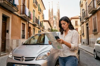Femme cherchant un parking gratuit dans une rue résidentielle proche de la Sagrada Família à Barcelone