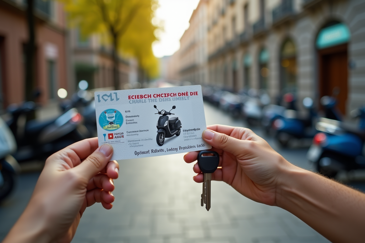 Mains tenant un permis scooter et des clés dans une ville ensoleillée