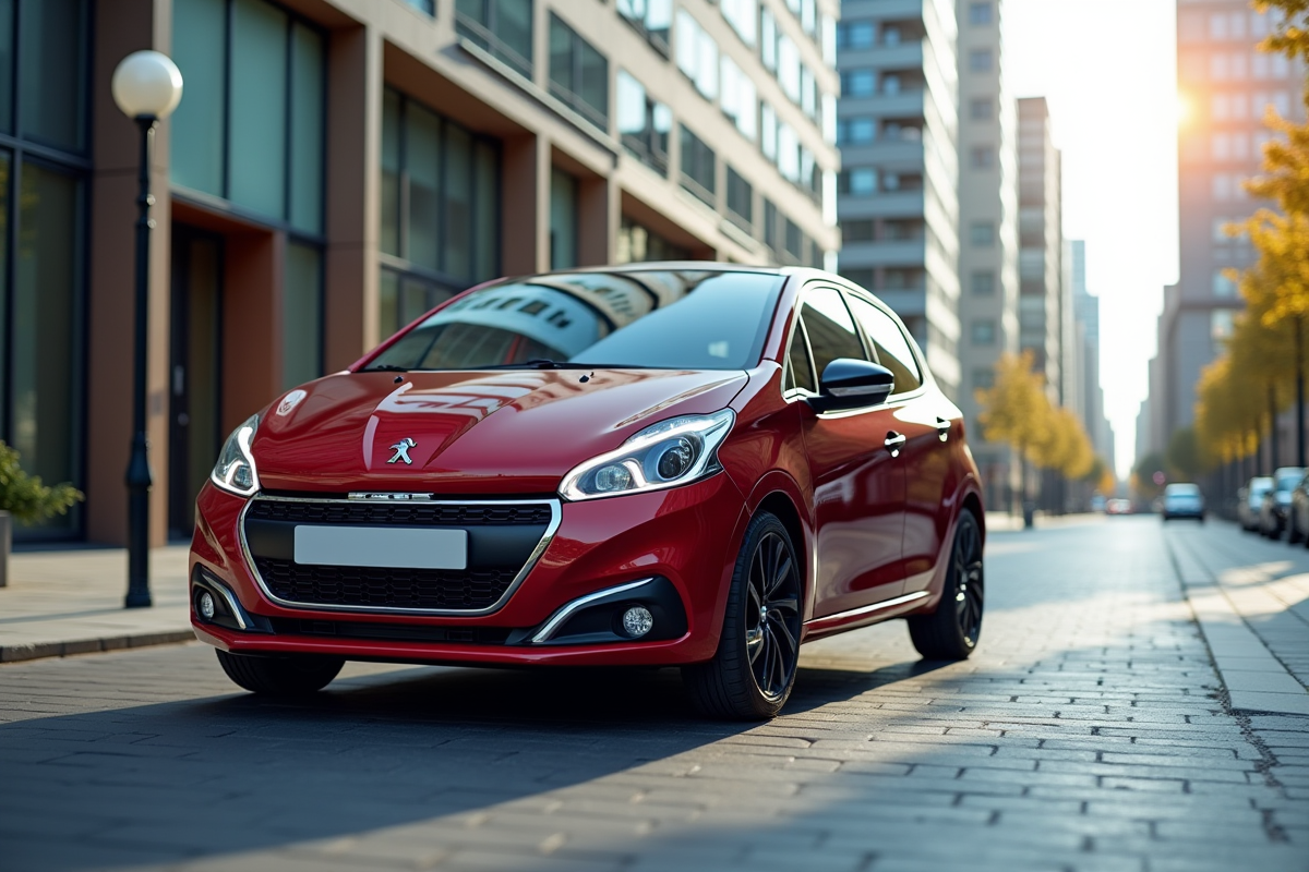 Peugeot 208 moderne et brillante en ville en journée