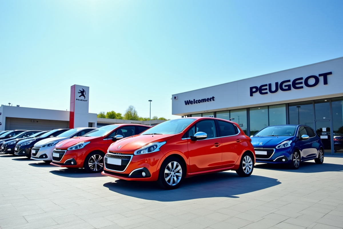 Plusieurs Peugeot 208 colorées sur un parking de concession