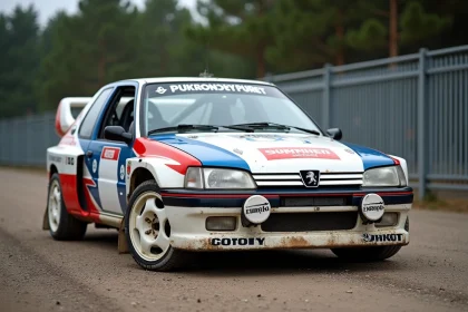 Peugeot 306 Maxi authentique en livrée rallye avec carrosserie élargie et décalcomanies d'époque dans une zone de service en gravier