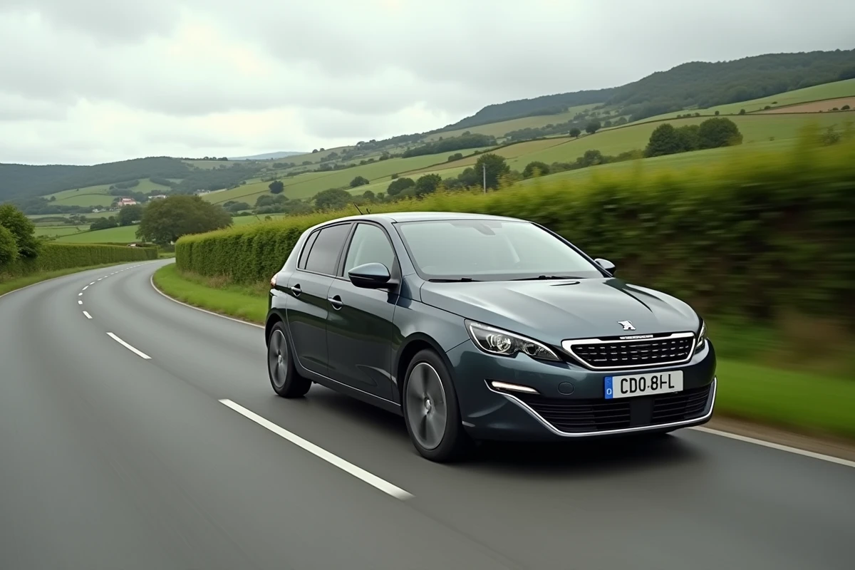 Peugeot 308 grise en mouvement sur une route de campagne française