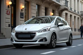 Peugeot 308 blanche garée dans une rue parisienne vue de trois quarts avant