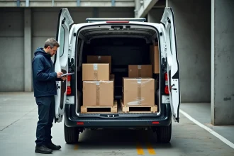 Peugeot Expert fourgon portes arrière ouvertes avec chargement de cartons dans un quai de livraison urbain