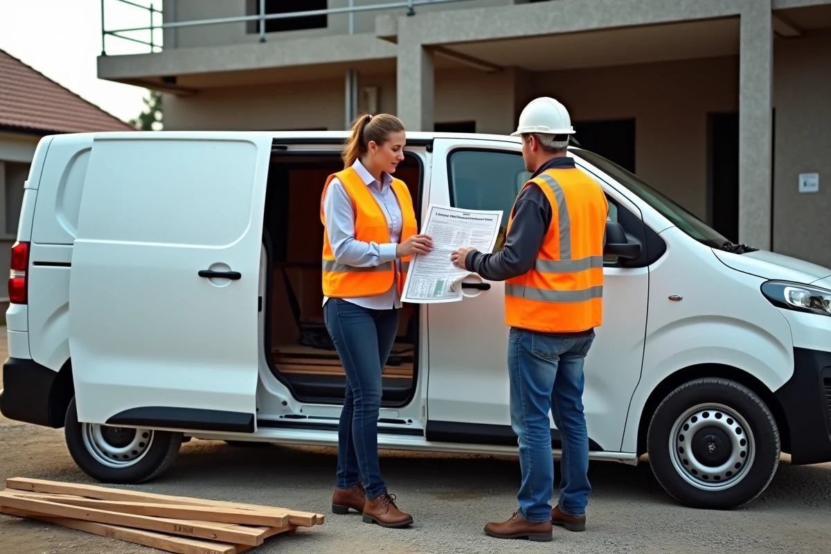 Deux artisans comparant les dimensions d'un Peugeot Expert sur un chantier de construction avec des matériaux longs
