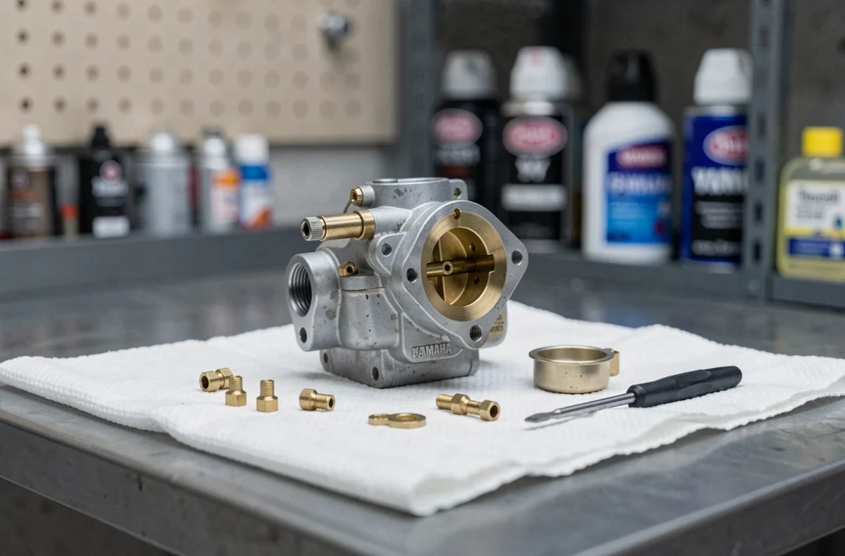 Gros plan sur les pièces démontées du carburateur d'un Piwi 80 posées sur un chiffon d'atelier