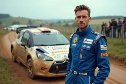 Pilote de rallye homme en combinaison bleue à côté de sa voiture