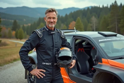 Pilote confiant avec combinaison de course et voiture de rallye