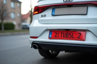 Plaque d'immatriculation rouge temporaire sur pare-chocs arrière d'une voiture blanche dans une rue française