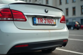 Plaque TR rouge fixée sur le pare-chocs arrière d'une voiture blanche dans un parking administratif français