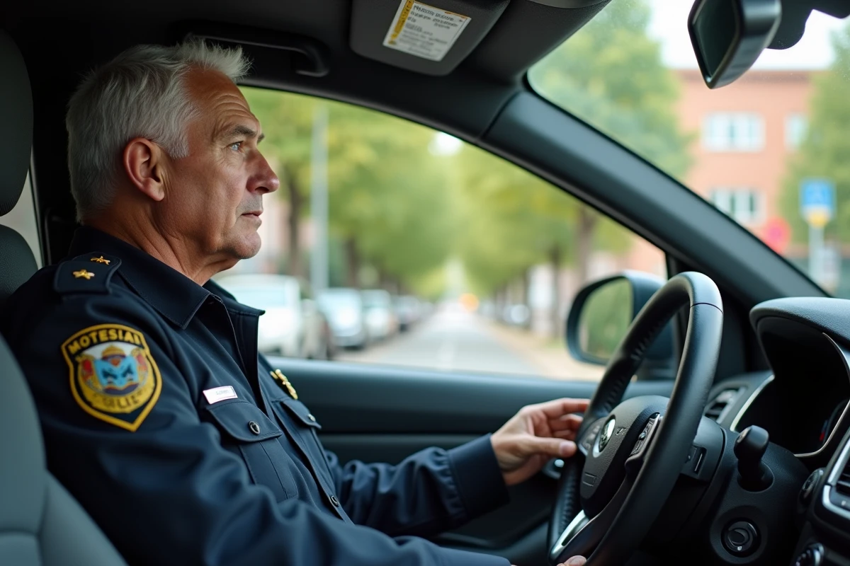 Officier de police parlant à un homme dans une voiture