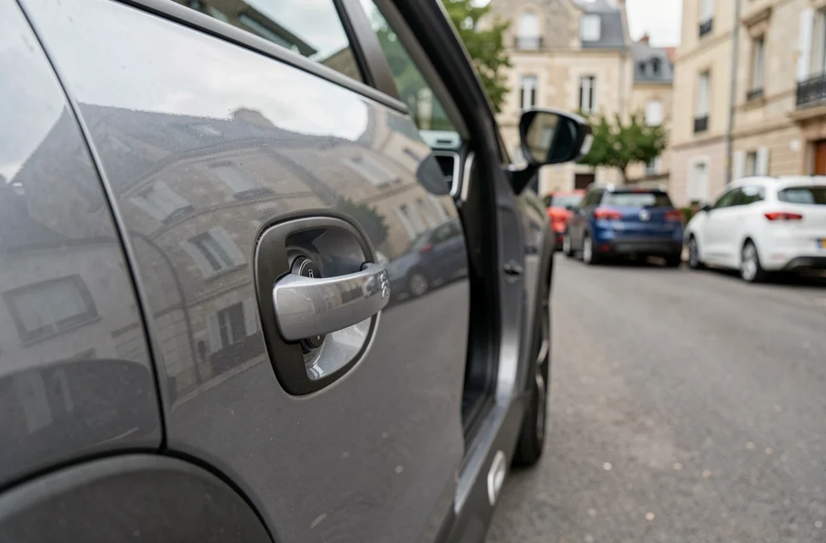 Portière entrouverte d'un Citroën C3 Aircross garée en rue avec focus sur la serrure et la poignée de porte extérieure