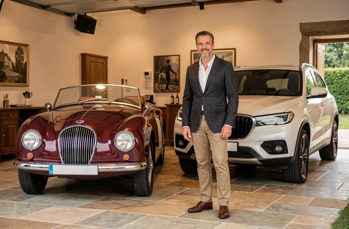 Showroom de Prestige et Torpedo Location en Morbihan avec une voiture torpédo vintage et un SUV de prestige