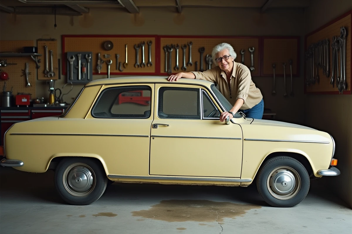 Femme propriétaire d'une Renault 12 jaune de collection dans son garage, illustrant la protection et l'assurance d'un véhicule ancien bien entretenu