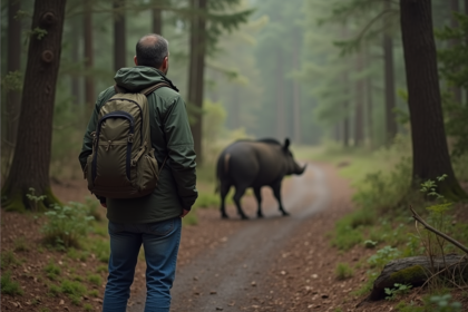 Homme en randonnée observant un sanglier dans la forêt
