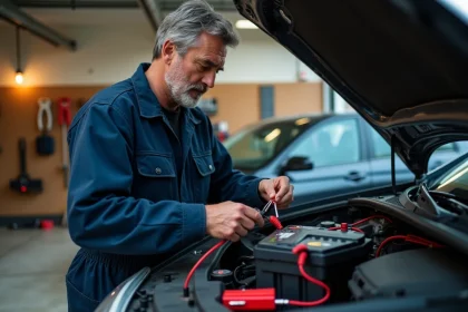 Homme connectant un chargeur de batterie voiture dans un garage résidentiel avec des câbles rouge et noir