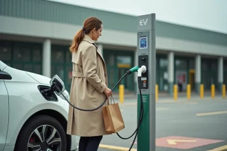 Femme branchant un câble de recharge sur une voiture électrique à une borne de recharge Carrefour dans un parking extérieur