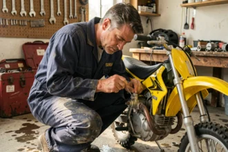 Mécanicien réglant le carburateur d'un Yamaha PW80 dans un atelier moto avec des outils professionnels