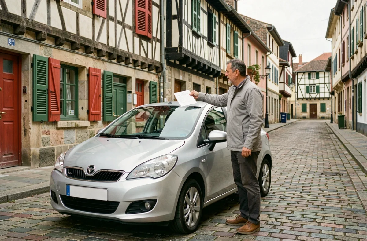 Homme remettant des documents d'assurance auto près de sa voiture dans une rue typique de Bayonne