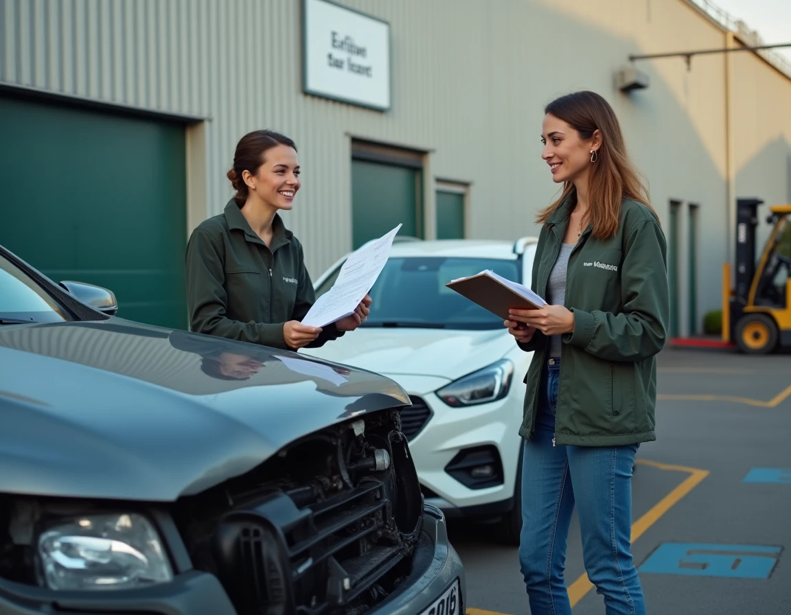 Propriétaire remettant les documents de son véhicule accidenté à un agent lors d'une reprise dans un centre agréé de recyclage automobile