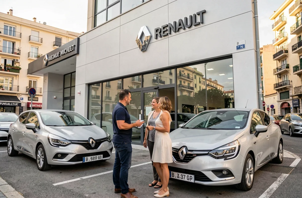 Concession Renault Marseille Michelet avec exposition de véhicules d'occasion et vendeur accueillant des clients