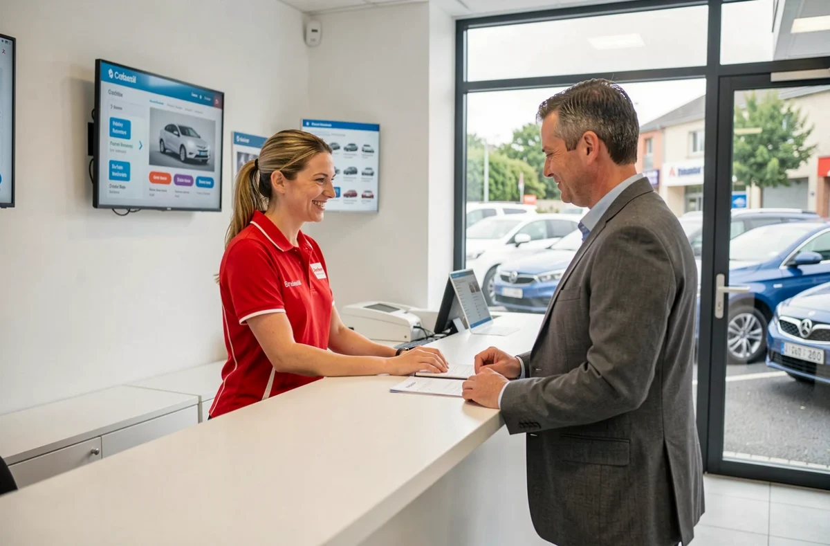 Comptoir intérieur de l'agence Rent A Car Créteil avec agent en uniforme rouge aidant un client à finaliser sa réservation