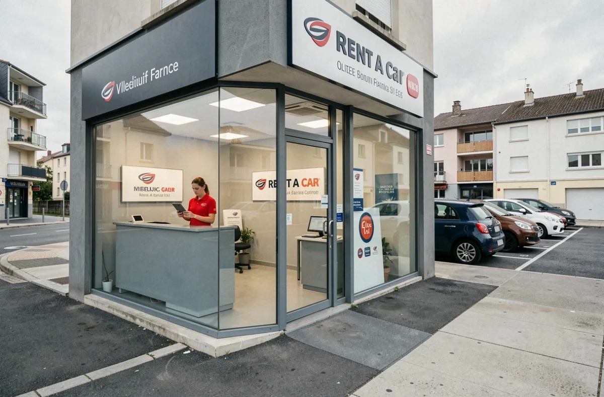 Extérieur de l'agence Rent A Car Villejuif avec vitrine visible et véhicules de location garés sur le côté du bâtiment