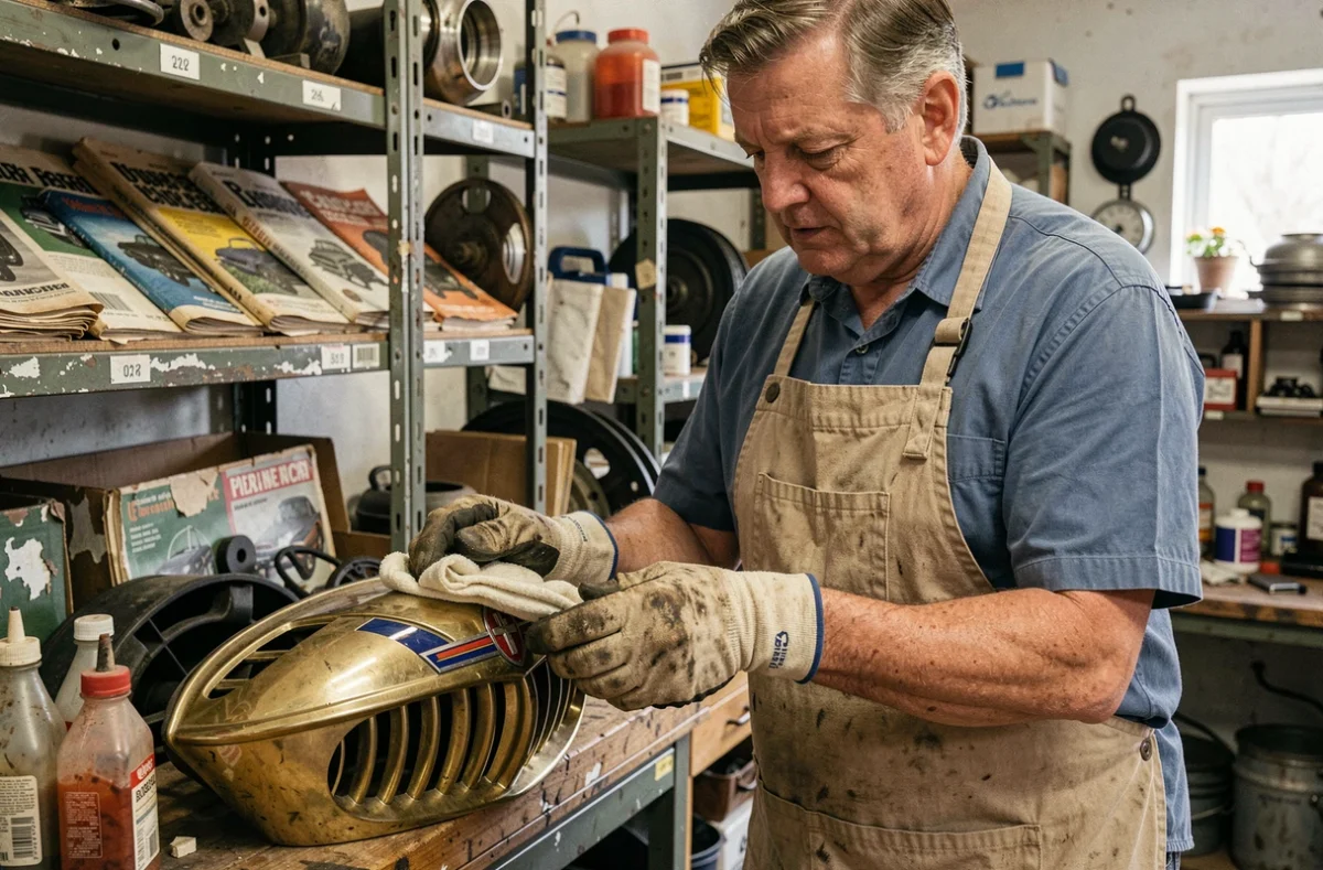 Restaurateur automobile dans la cinquantaine astiquant un badge de calandre en laiton et émail des années 1960 dans un atelier de restauration encombré