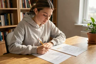 Jeune femme révisant les questions de l'examen du permis de conduire sur des documents imprimés à son bureau à domicile