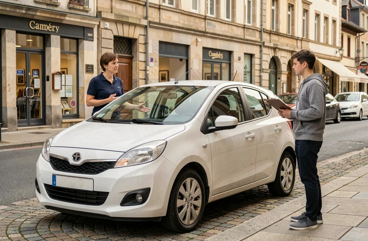 Monitrice de l'auto-école Sage Conduite Des Alpes à Chambéry avec un élève devant une voiture blanche