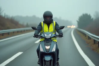 Motard sur scooter 125cc vérifiant ses instruments avant de s'engager sur une bretelle d'autoroute en France