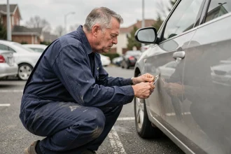Serrurier automobile professionnel ouvrant une voiture centralisée sans clé avec un outil spécialisé dans un parking
