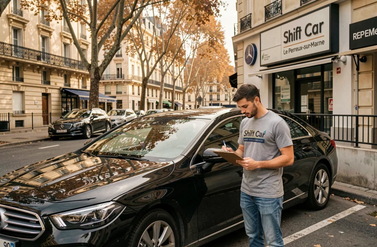 Employé de Shift Car au Perreux-sur-Marne inspectant une berline noire dans le petit parking de l'agence de location
