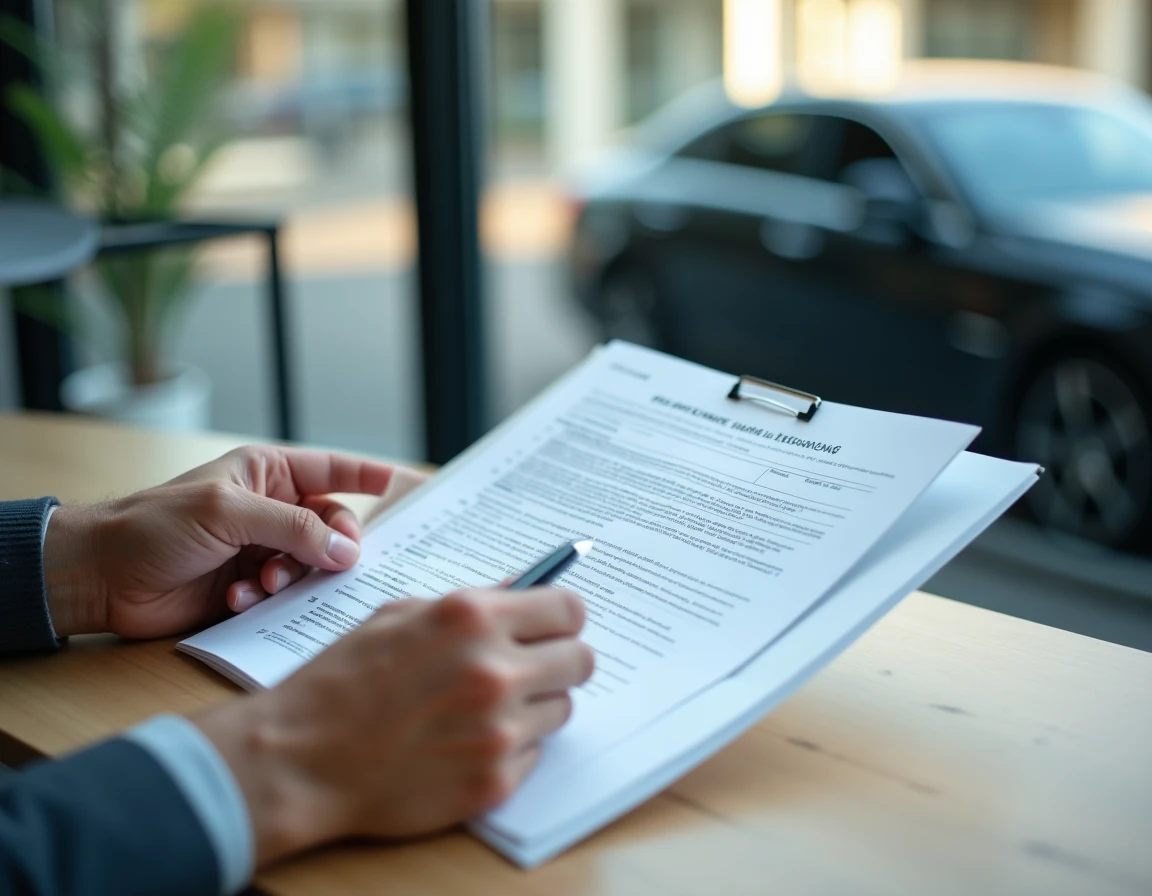 Gros plan sur les mains d'un conducteur VTC signant un contrat d'assurance professionnelle