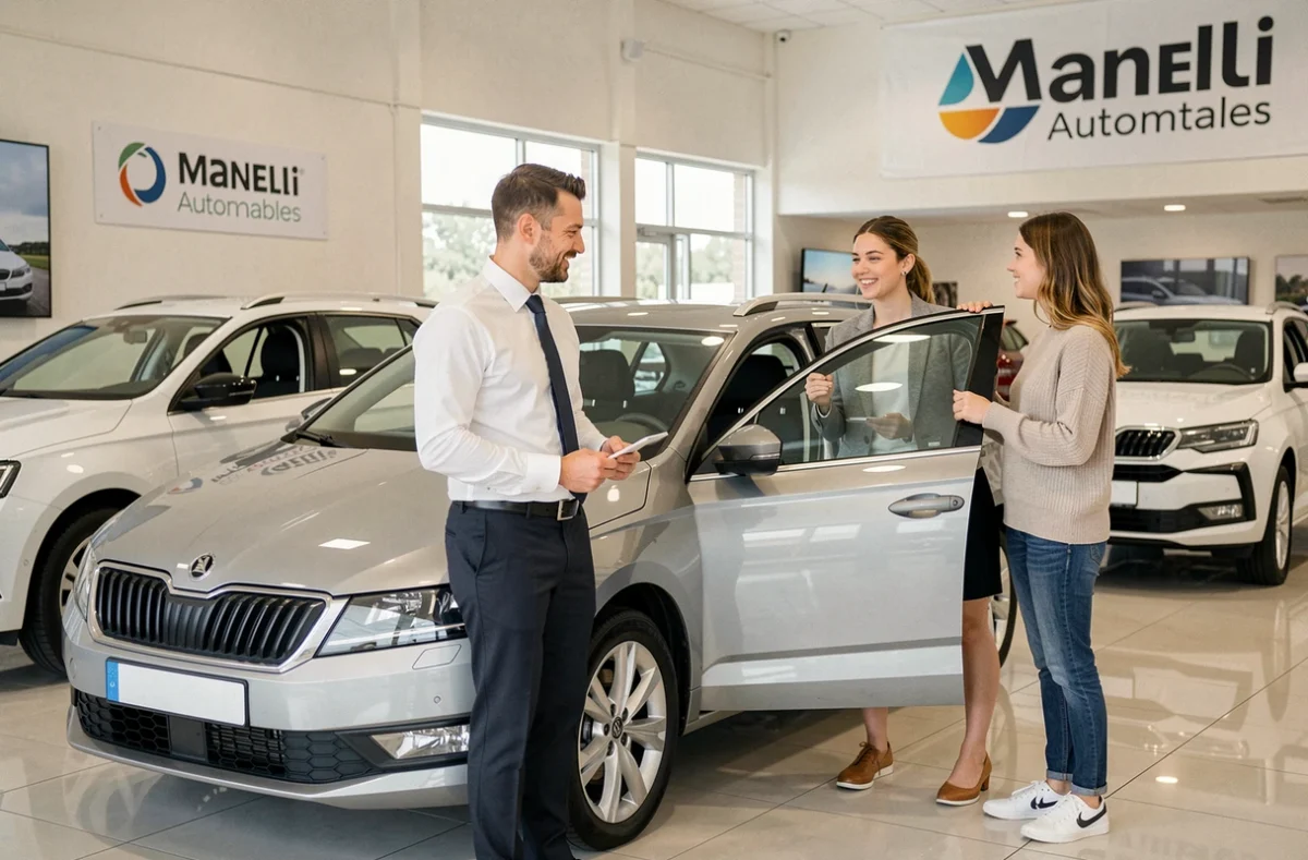 Showroom Skoda Manelli Automobiles avec des modèles d'occasion exposés et un conseiller client