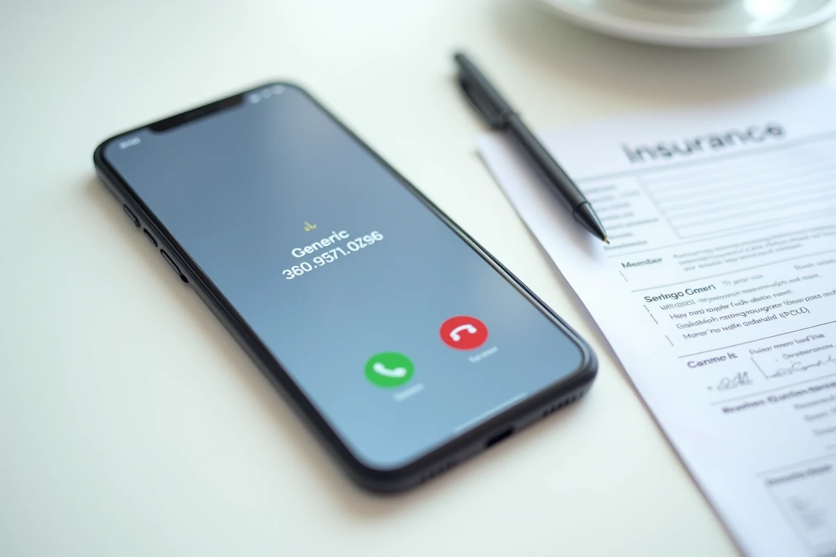 Smartphone affichant un numéro de téléphone d'assistance assurance posé sur un bureau avec des documents