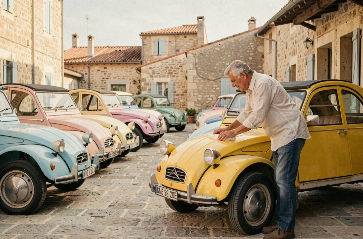 Club Société 2CV Méhari Cassis avec des véhicules vintage colorés dans une cour provençale ensoleillée