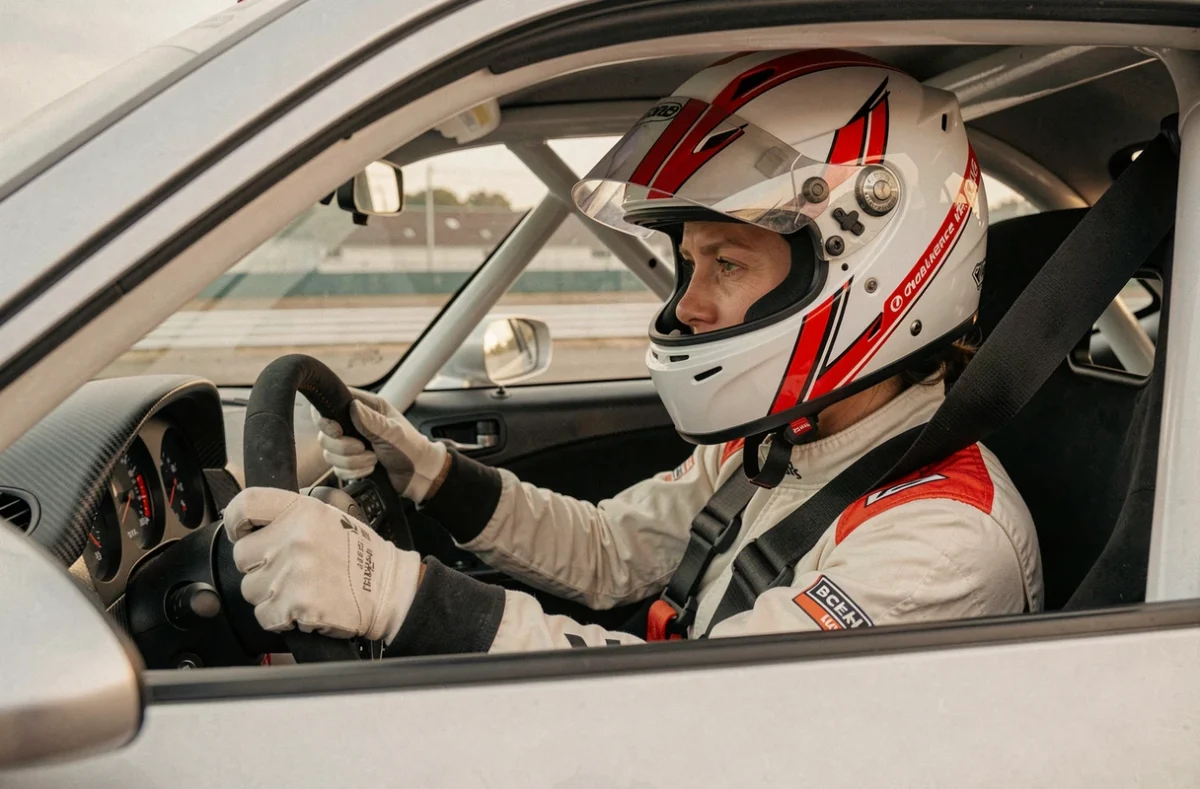 Femme stagiaire en stage de pilotage prête à prendre le volant sur circuit lors d'une session de conduite sportive