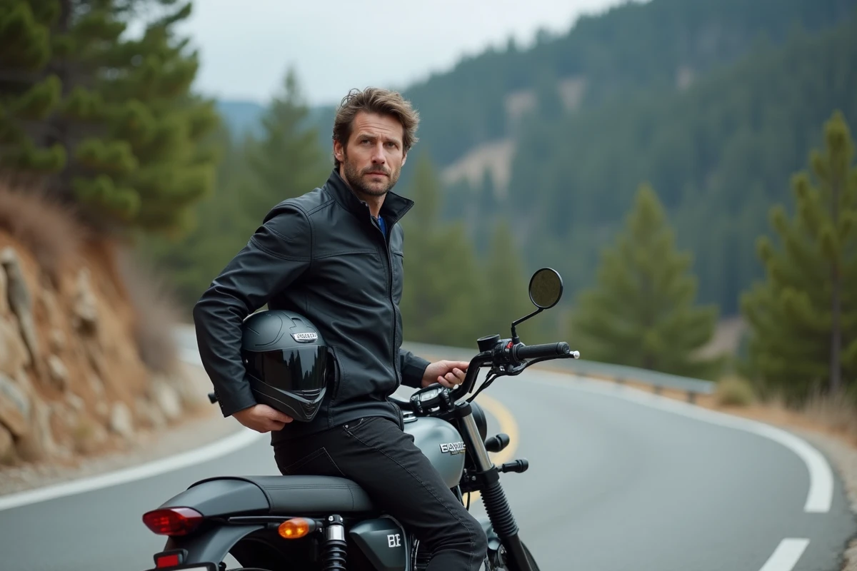 Journaliste moto en veste textile noire posant à côté du roadster Suzuki GRSX 2026 sur une route de montagne sinueuse