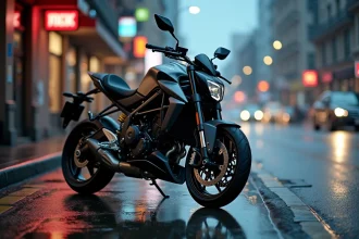 Moto roadster sportif Suzuki GRSX 2026 garée sur une rue urbaine mouillée avec reflets néon en arrière-plan