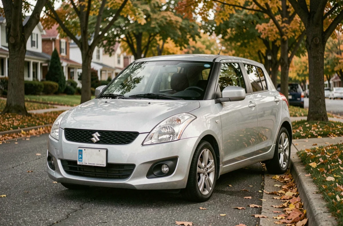 Suzuki Swift 1.3 DDiS garée dans une rue résidentielle en automne, vue trois quarts avant
