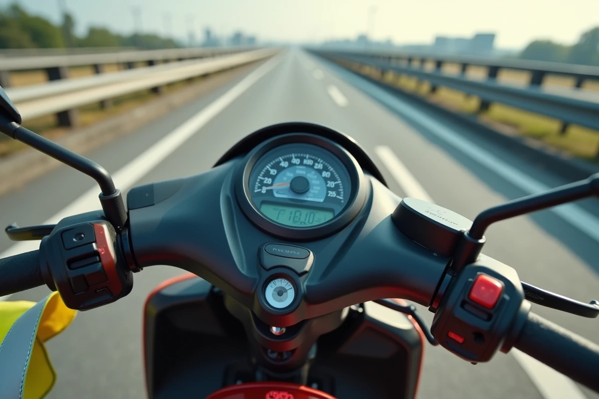 Gros plan sur le tableau de bord d'un maxi-scooter avec gilet haute visibilité et gants avant un trajet sur autoroute
