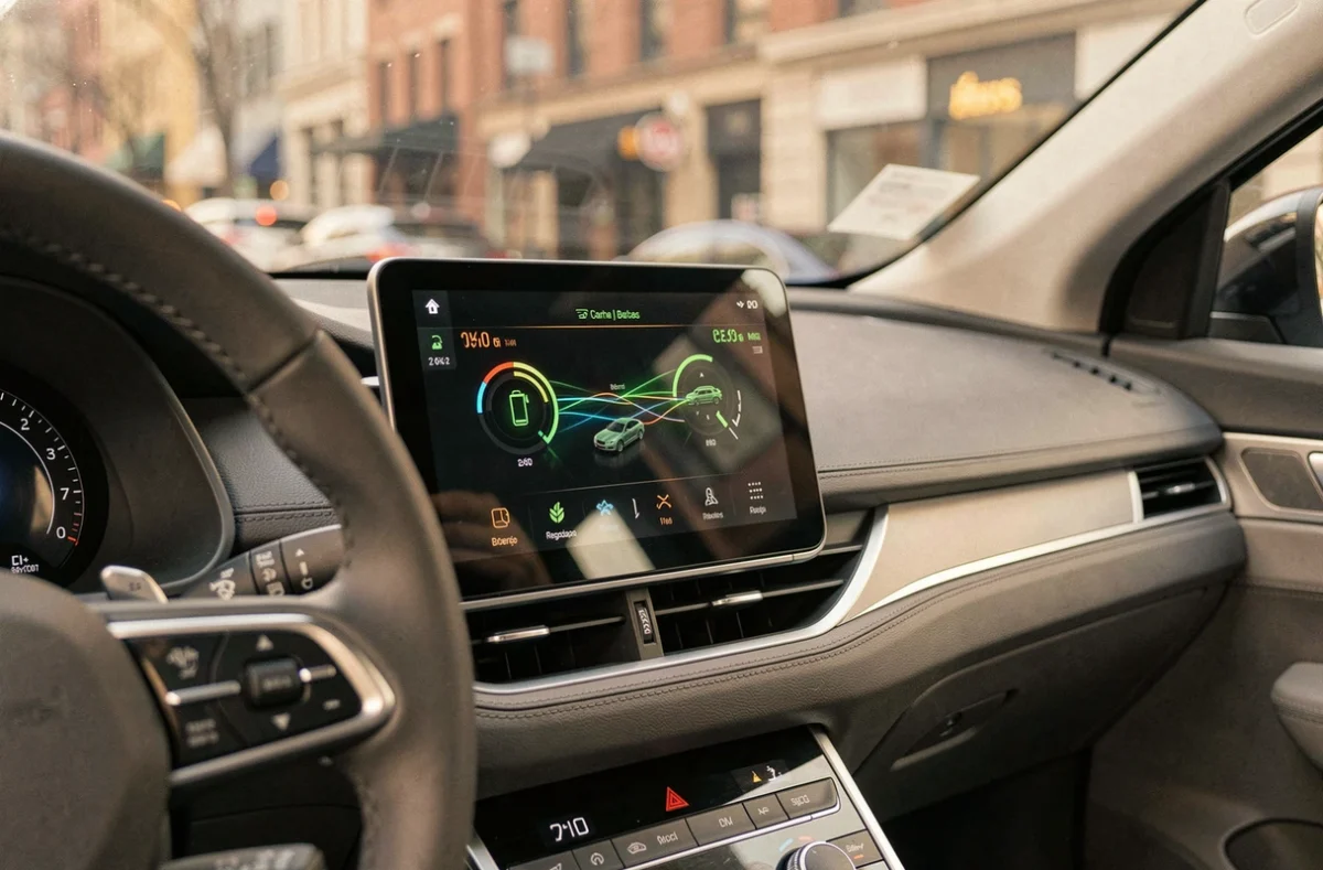 Tableau de bord numérique d'une voiture hybride affichant le niveau de charge et la récupération d'énergie