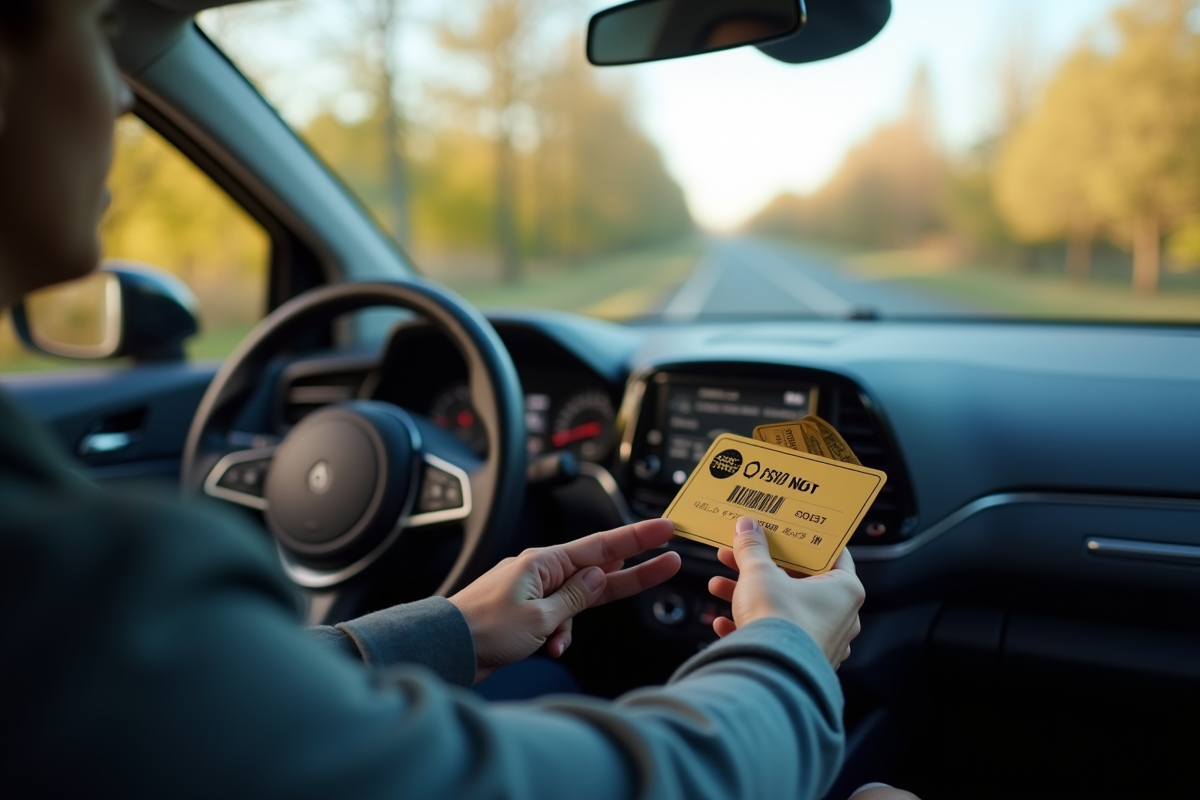 Main ajustant des cartes de recompense sur le tableau de bord voiture