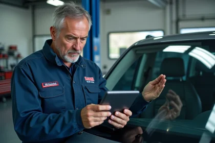 Technicien professionnel inspectant un pare-brise de voiture